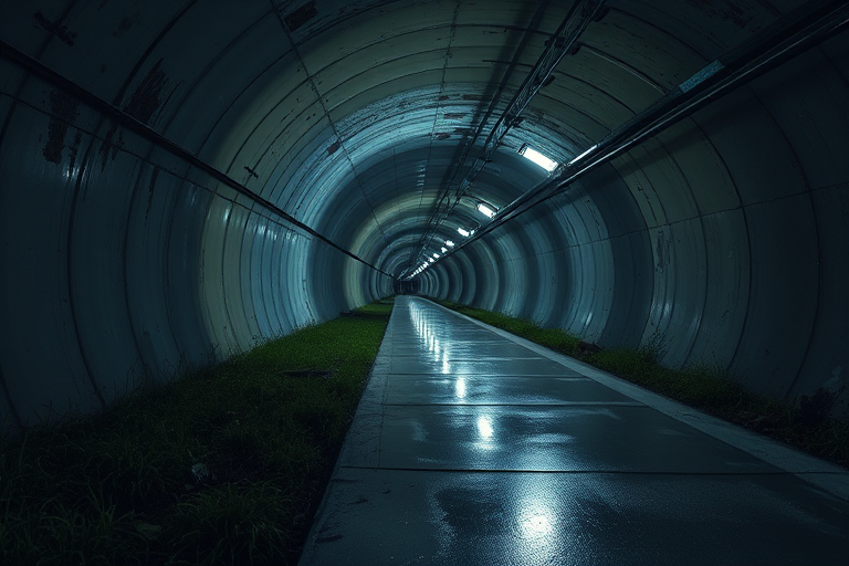 A dimly lit underground tunnel with a reflective surface, featuring glowing soft white lights along the curved metallic walls, overgrown with patches of grass and debris, captured with a DSLR camera at f/2.8, ISO 200, 24mm focal length, with a wide-angle perspective and HDR processing for enhanced details.