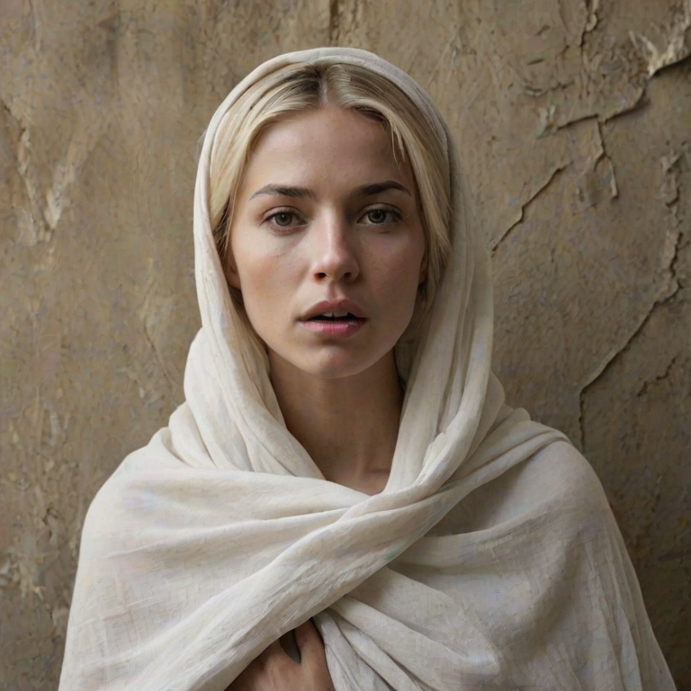Create a close-up photographic image of a Caucasian woman with light skin tones shown against an old, worn wall. Their head is wrapped in a white cloth covering (i.e.... parts of the head except the nose and mouth, which are open as if they are screaming...), with a slight texture and visible folds in the fabric. Thin strands of blonde hair escape from the wrapping above, falling lightly at the top and sides. Their hands hold the fabric as if they are tugging nervously. The lighting is dramatic and even, casting strong shadows. The image has a minimalist and surreal style with an emphasis on simplicity with soft color tones. The composition is centered.