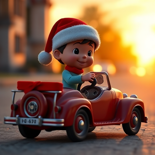 A 3D character wearing a Santa hat riding a vintage toy car, captured from a low angle perspective, using a 50mm lens at f/2.8, ISO 100, at sunset lighting conditions for warm tones and enhanced depth of field.