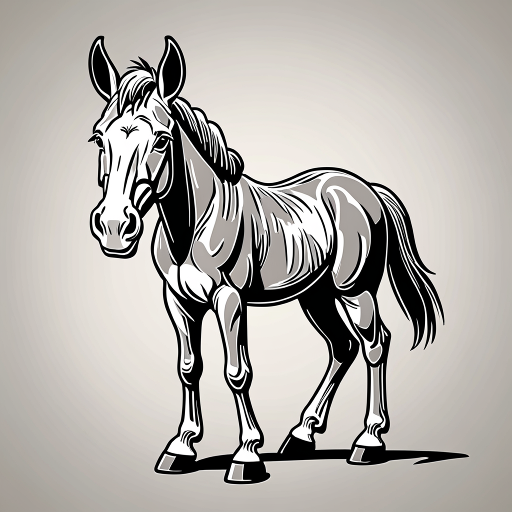 Simple Line Drawing Of Cartoon Pixar Style Happy Mule Colt Low Detail