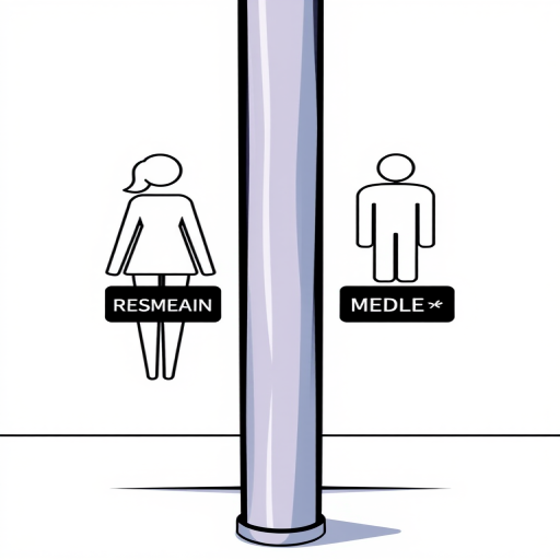 Create an illustration of two stylized restroom signs, one female and one male, standing on either side of a vertical divider, using a high-resolution digital art style, shot with a DSLR camera at f/2.8 aperture, 50mm lens, and ISO 100 for a crisp and vibrant look.