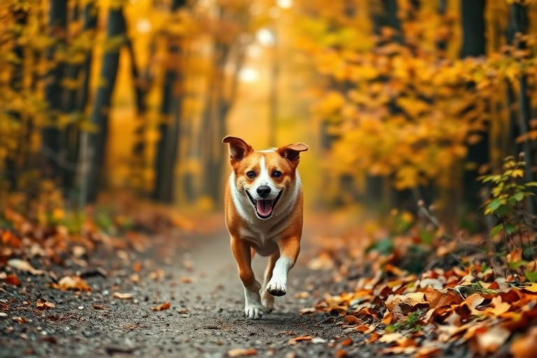 A happy dog running through a forest path during autumn with vibrant leaves, captured with a DSLR camera, 50mm lens, f/2.8 aperture, ISO 200, shutter speed 1/500s, low angle view, soft focus background for dramatic effect.