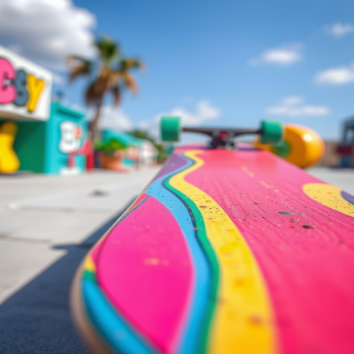 Create a vibrant illustration of a skateboard with a dynamic perspective, using a 50mm lens at f/2.8, ISO 100, and a shallow depth of field, capturing bright colors and clean lines, with a focus on textured details and a playful background.