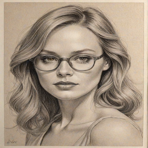 Exquisite Clare Grant, pencil sketch, portrait of Bewitching woman 1978s in glasses, hair style beatnik, outline, clear lines, fine lines, 8k