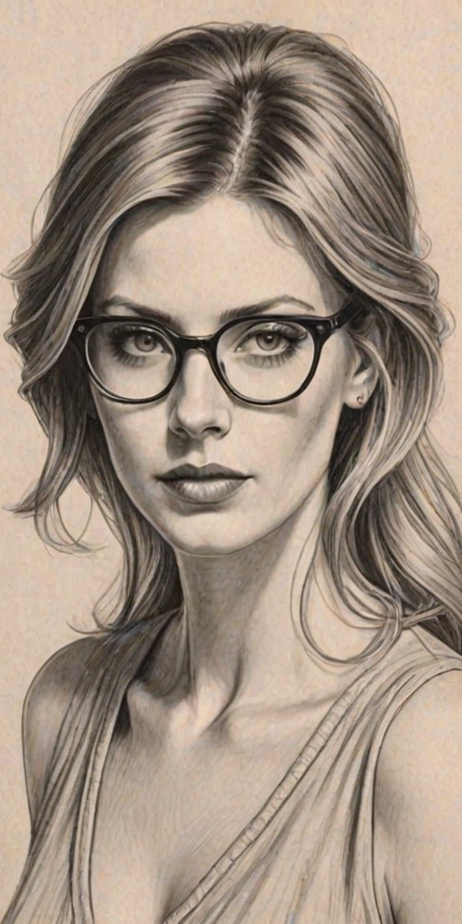 Gorgeous Diora Baird, pencil sketch, portrait of Attractive woman 1924s in glasses, hair style beatnik, outline, clear lines, fine lines, 8k