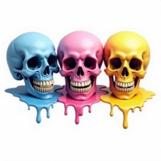 Create a hyper-realistic detailed image featuring three cartoon-style skulls aligned horizontally. The left skull is blue, the middle one is pink, and the right one is yellow. Each skull has an exaggerated, cheerful facial expression with wide, empty eye sockets and a broad, toothy grin. The skulls appear as if they are melting, with drips of color flowing down and pooling at the base. The drips enhance the vibrant, shiny appearance of the colors. The background is simple and white, emphasizing the vivid colors of the skulls. Each skull has slight shadows and highlights, adding depth and a glossy, wet look to the image. The proportions are playful and stylized with oversized heads, particularly focusing on the large, expressive mouth and eyes. This colorful, eye-catching image blends pop art sensibilities with a slightly macabre theme.