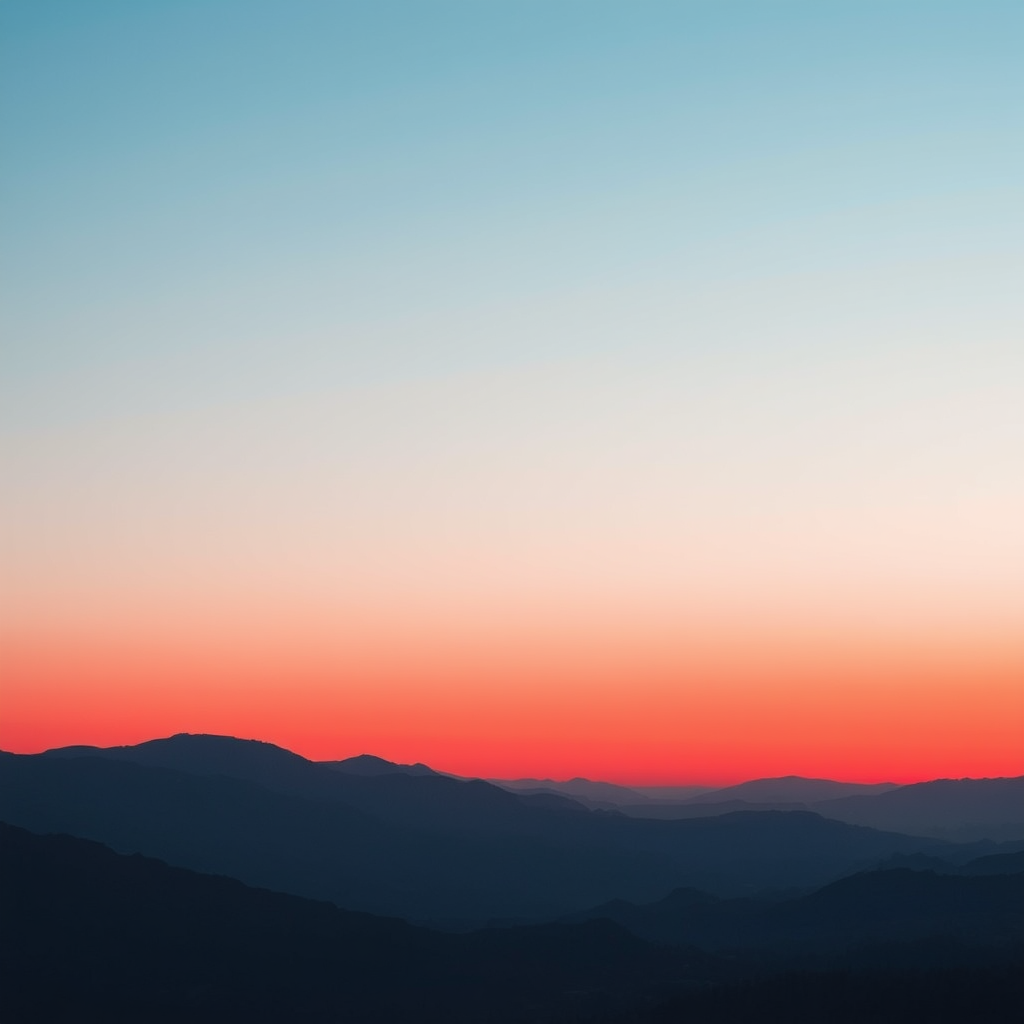 Create a minimalist landscape with layered mountains and a gradient sky transitioning from bright blue to deep red at the horizon, captured with a DSLR camera, 35mm lens, f/8 aperture, ISO 100, in landscape orientation, with a soft focus effect for a dreamy atmosphere.