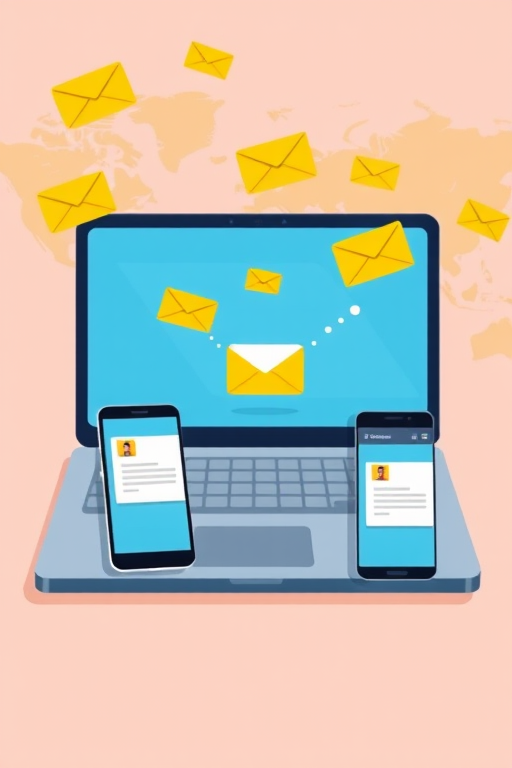 Create a digital illustration of a laptop and smartphone displaying email notifications, with yellow envelopes flying towards a map of the world in the background, using a Canon EOS R5 camera, 35mm lens, aperture f/8, ISO 100, and a vibrant color palette.