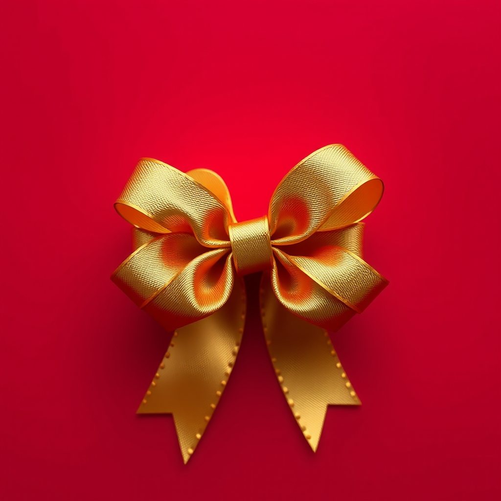Create a high-resolution image of a golden gift bow centered on a red background, using a DSLR camera with a 50mm lens, aperture set to f/2.8 for a soft background, ISO 100 for clarity, and a shallow depth of field to emphasize the texture of the bow.