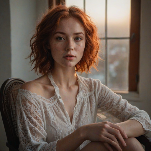 young woman, short messy red hair, light freckles, beautiful face, wearing a loose white cotton lace shirt ,  portrait photo,  posing for a picture in a chair with her hands in her lap, Ayshia Ta k n, parted lips, round cleavage, collarbone, bare shoulders, natural light, a portrait, art nouveau, sunset light through a window, darkly lit, shadows across face