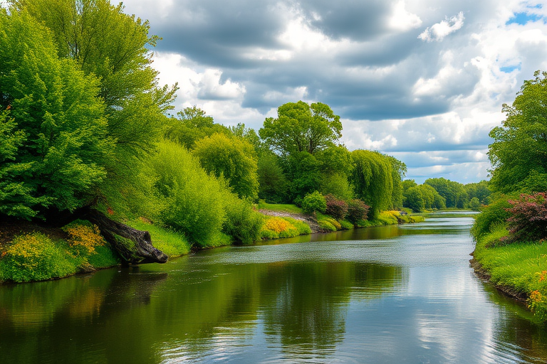 generate a serene landscape featuring a calm river surrounded by lush green trees, vibrant bushes, and a cloudy blue sky.