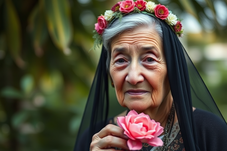 regenerate an elderly woman with deep wrinkles and silver hair wearing a floral crown and black veil holding a pink flower in a lush green outdoor setting with soft bokeh background, camera settings f/1.8, ISO 100, shutter speed 1/200, 85mm lens, portrait style, DSLR camera