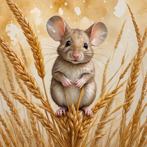 Soft, muted Alcohol Ink with ebru effect background image of tiny whimsical mousey, who climbed high on the top of a golden rye ear.
