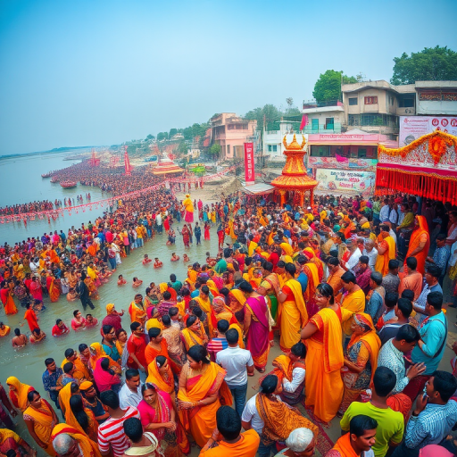 Generate a vibrant festival scene at a holy river with large crowds of people in colorful traditional attire, capturing the energy of the celebration, using a DSLR camera, 35mm lens, f/8 aperture, ISO 200, with a panoramic view from a high angle to enhance image quality.