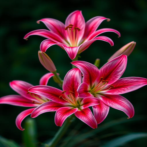 Regenerate an image of vibrant pink lilies against a dark green background, macro lens effect, f/2.8 aperture, ISO 100, 50mm lens, soft focus style, shot with a DSLR camera.