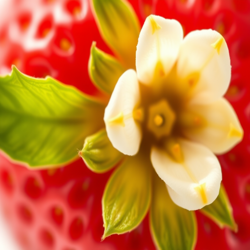 Create a high-resolution illustration of a ripe red strawberry with a white flower and green leaves, macro view, using a digital camera with f/2.8 aperture, 50mm lens, ISO 100, and natural lighting for enhanced clarity and detail.