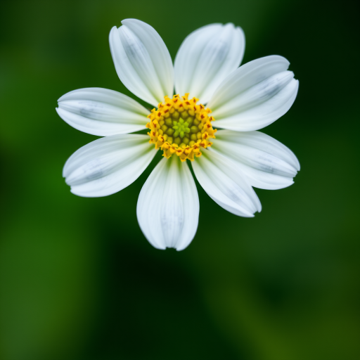 Close-up of a white flower with a yellow center against a blurred green background, shot with a Canon EOS R5, aperture f/2.8, shutter speed 1/200 sec, ISO 100, macro lens, soft focus style.