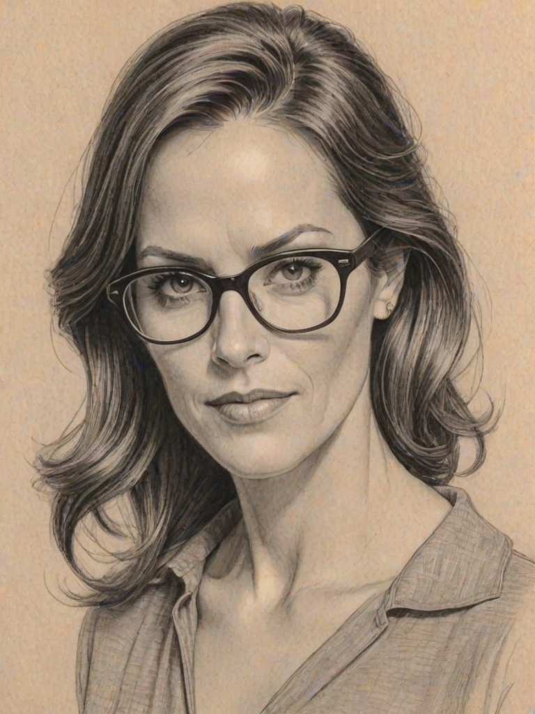 Charming Annabeth Gish, pencil sketch, portrait of Ravishing woman 1958s in glasses, hair style beatnik, outline, clear lines, fine lines, 8k