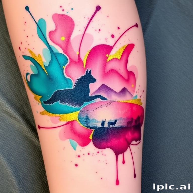 Vibrant watercolor splash tattoo named "Chromatic Symphony" featuring swirling hues of teal, magenta, and gold, blending seamlessly into an abstract landscape with hidden animal silhouettes