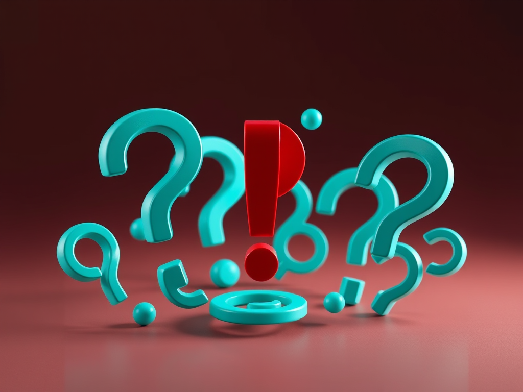 Create a dynamic 3D composition of swirling turquoise question marks with a bold red exclamation mark at the center, using a Canon EOS R5 camera, ISO 100, aperture f/8, shutter speed 1/125s, in a high-resolution, studio lighting setup.