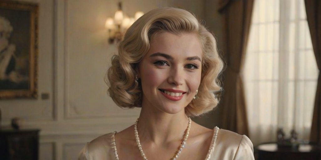 A beautiful Georgian woman reminiscent of 1950s Hollywood glamour, with perfectly styled blonde hair and a seductive smile, dressed in a satin blouse and adorned with pearls, soft and warm tones, photorealistic, 8K