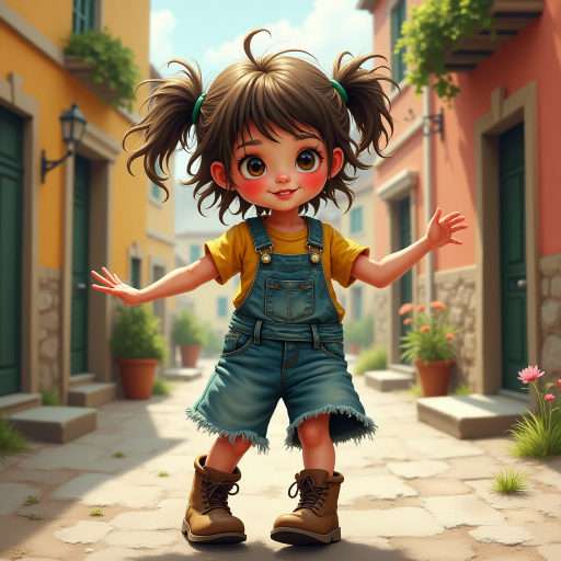 Whimsical little 3-year-old girl wearing scruffy tomboy clothes, boots, messy hair heavily blushed cheeks, pink lips, closely dancing in the street of an Italian village,Textured painterly fantasy artistic mixed media