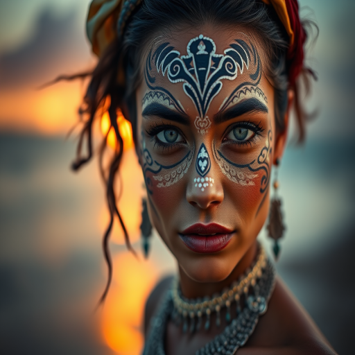 portrait of a woman with intricate face paint and accessories on a beach during sunset, sharp focus, soft bokeh background, 50mm lens, f/1.8, ISO 100, natural lighting, high dynamic range photography, cinematic style