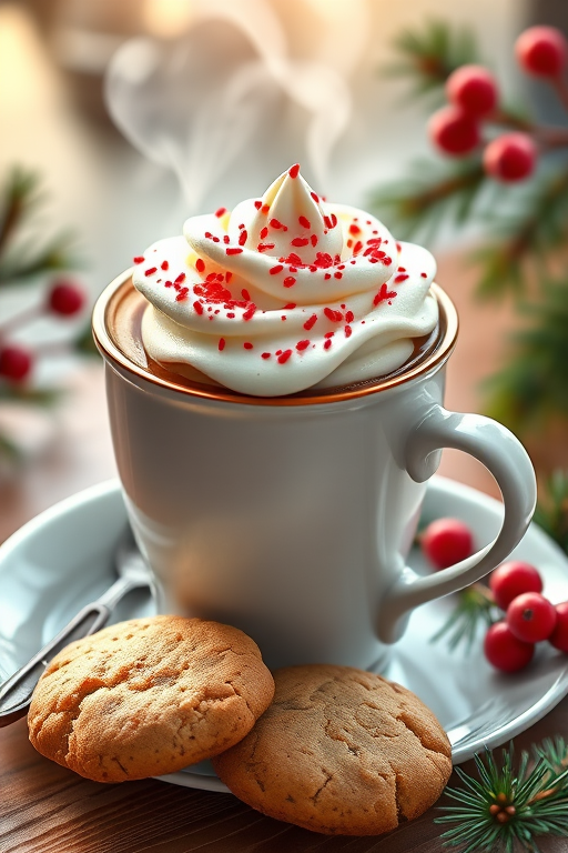 create a highly detailed and vibrant illustration of a steaming cup of coffee topped with whipped cream and red sprinkles, accompanied by two cookies on a plate, with decorative pine branches and red berries, soft natural lighting, shallow depth of field, focus on the cup and cookies, using a DSLR camera with a 50mm lens at f/1.8, ISO 200, and a warm color balance to enhance the cozy atmosphere