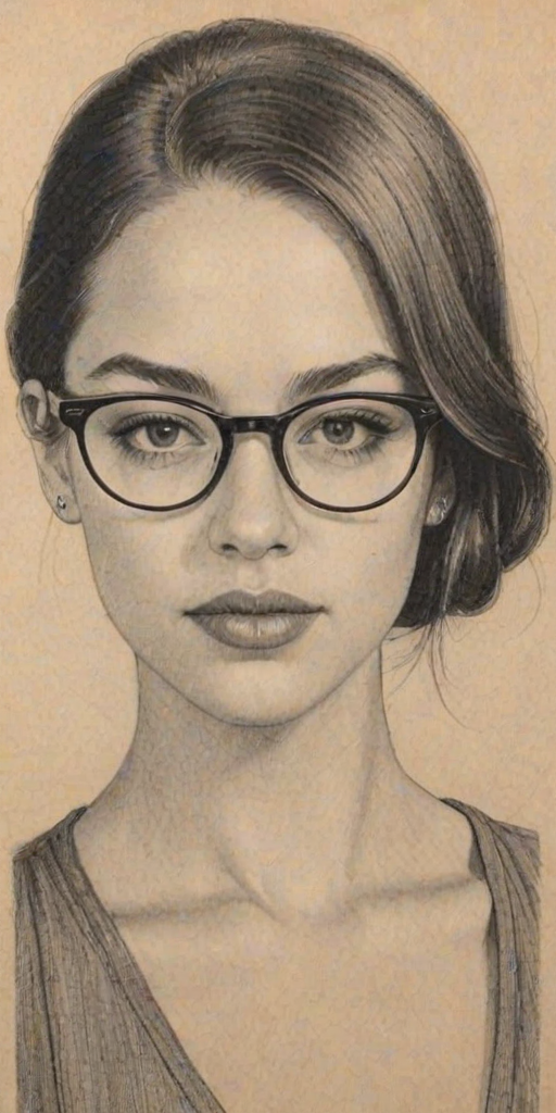 Sublime Alexis Knapp, pencil sketch, portrait of Comely woman 1925s in glasses, hair style beatnik, outline, clear lines, fine lines, 8k