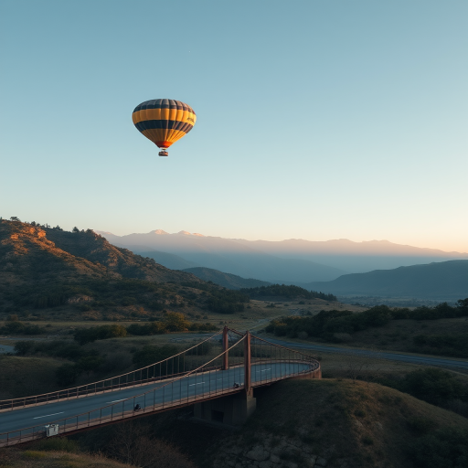 Create a serene landscape of a hot air balloon over mountains with a bridge in the foreground, using a DSLR camera with a 24mm lens, f/8 aperture, ISO 200, wide-angle view, in vibrant colors and enhanced contrast for clarity.