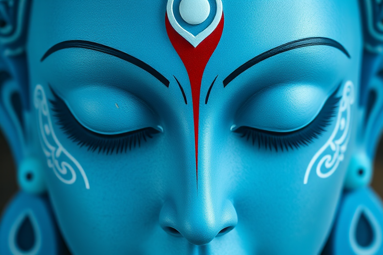 Regenerate an artistic representation of a serene blue deity face with closed eyes, intricate white patterns around the eyes, and a red vertical line on the forehead, using a Canon EOS R5 with a 50mm f/1.2 lens, aperture set to f/3.2, ISO 100, and soft natural lighting for enhanced clarity and detail.