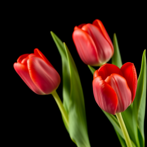 Create a high-resolution image of three vibrant red tulips with lush green leaves on a solid black background, using a macro lens at f/2.8 for a shallow depth of field, captured from a low angle to enhance the flowers' prominence, utilizing a DSLR camera for optimal color accuracy and detail.