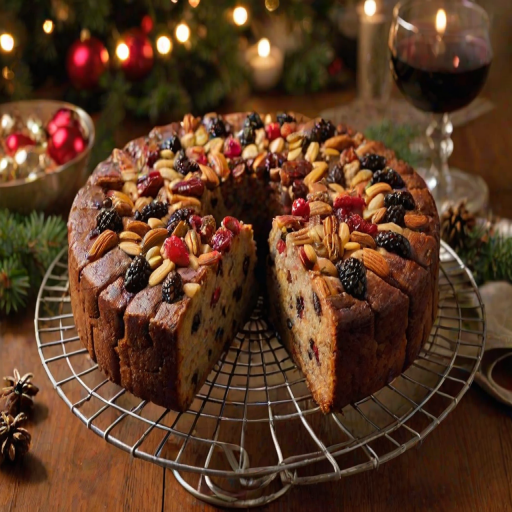 Generate an image of a beautifully baked fruitcake. The cake should be round and have a rich, dark appearance with visible pieces of dried fruits and nuts. It is placed on a wire rack, surrounded by a cozy kitchen setting with warm lighting. Include some festive decorations like twinkling lights in the background and a glass of red wine nearby.