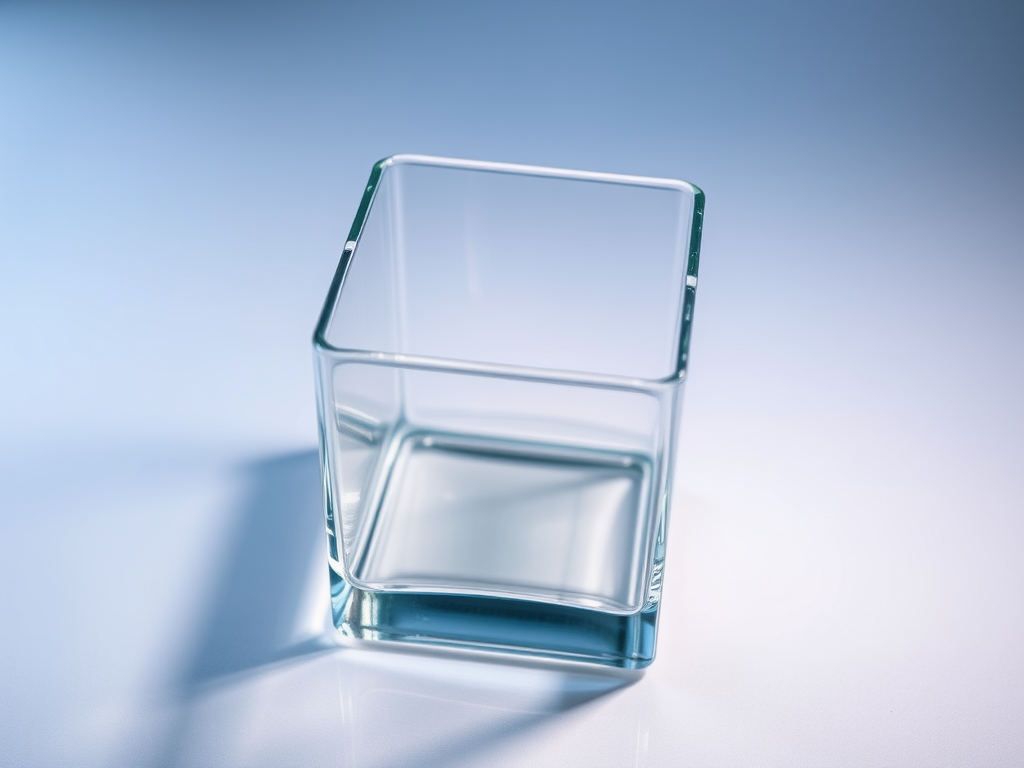 Create a high-resolution image of an empty glass cube with a transparent design, shot with a 50mm lens, aperture f/2.8, ISO 100, in a softbox lighting setup, using a DSLR camera from a top-down view to enhance clarity and detail.