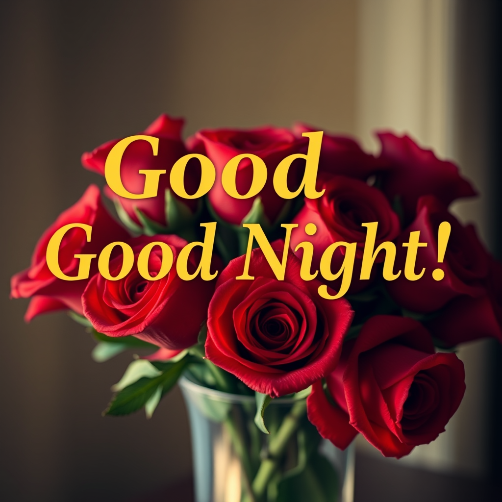 Create an image with the text "Good Night!" in golden Garamond font, placed atop a delicate vase filled with vibrant red roses, with soft focus and warm lighting effects.