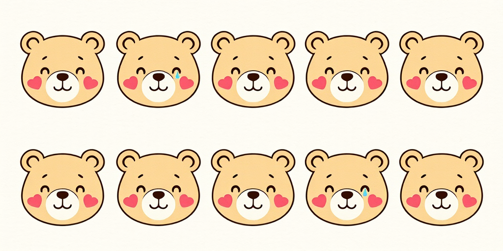 Create a grid of nine cute bear faces with different expressions including happy, sad, surprised, and playful. Use simple line art with a playful and colorful style, soft pastel colors, and a textured background that resembles handmade paper. Each bear should have distinctive features like hearts, tears, or sweat drops to convey various emotions.