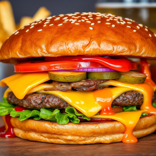 High-resolution, close-up image of a gourmet double cheeseburger. The burger features a glossy, sesame-seed-topped brioche bun. Inside, there are two thick, juicy beef patties, each topped with melted cheddar cheese. The burger is garnished with fresh lettuce, tomato slices, diced onions, and pickles. A generous amount of ketchup and a creamy, orange-colored sauce is dripping down the sides, adding to the mouth-watering appeal. In the background, there are blurred elements including a side of golden French fries and a hint of a beverage, enhancing the overall presentation of a delicious meal.