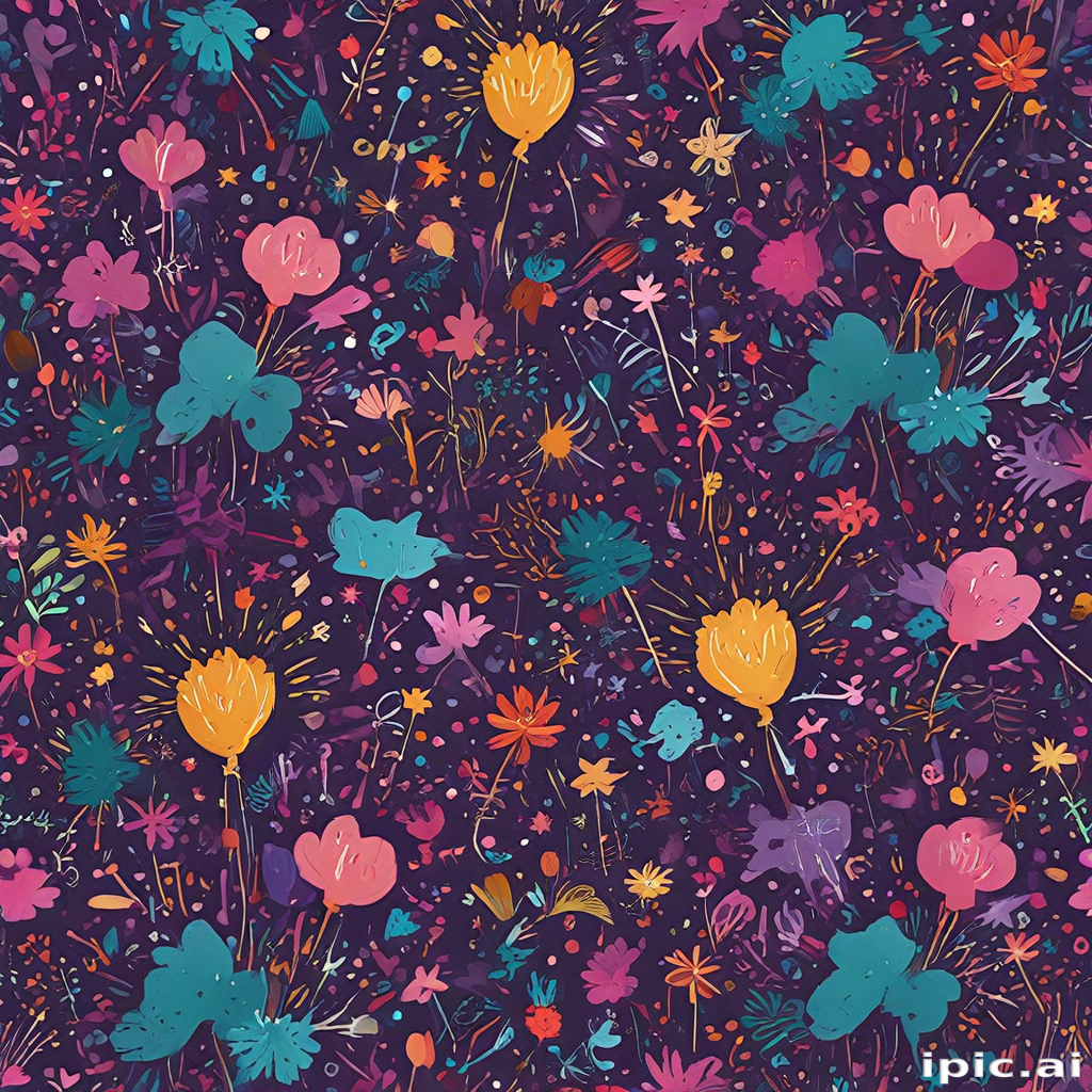 Colorful Floral Pattern with Vibrant Flowers Against a Dark Background