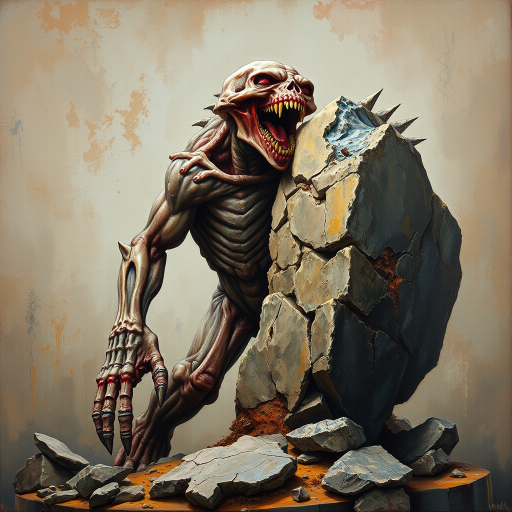 A detailed and anatomically presented mr stone-eater stands and bites into a huge boulder. surreal abstract art, grunge oil colors on canvas, textured background