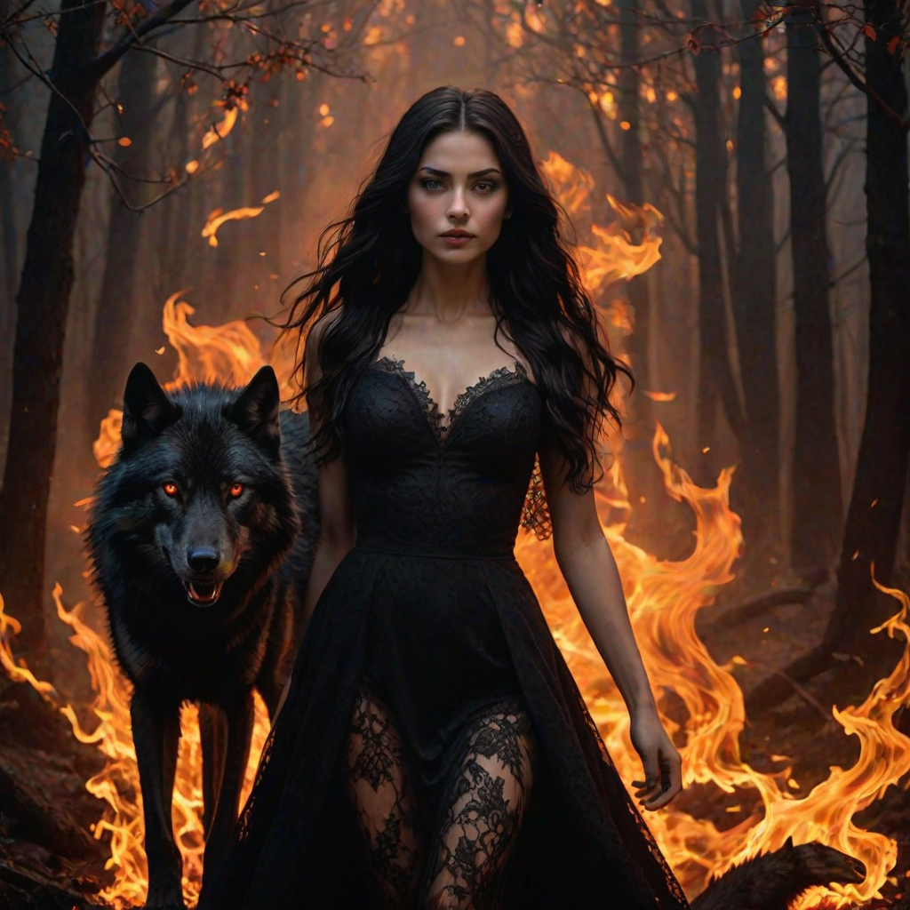 A woman with long dark hair, wearing a black lace dress that seamlessly blends into her skin with intricate floral patterns. She is in the foreground, with a black wolf beside her; its fur is midnight black, and it has glowing, intense, orange eyes that match hers. Her eyes are partially closed with burning embers above them, giving a fiery and mystical aura. The background is engulfed in tall, roaring flames, contributing to an overall dark and supernatural atmosphere. The colors are intense, predominantly black, fiery orange, and deep reds, with sharp contrast highlighting the mysterious and fierce theme. The flames are bright and dynamic, casting dramatic light and shadow, illuminating the woman and wolf while leaving parts in near darkness. The image evokes a sense of otherworldly power and connection between the woman and the wolf.