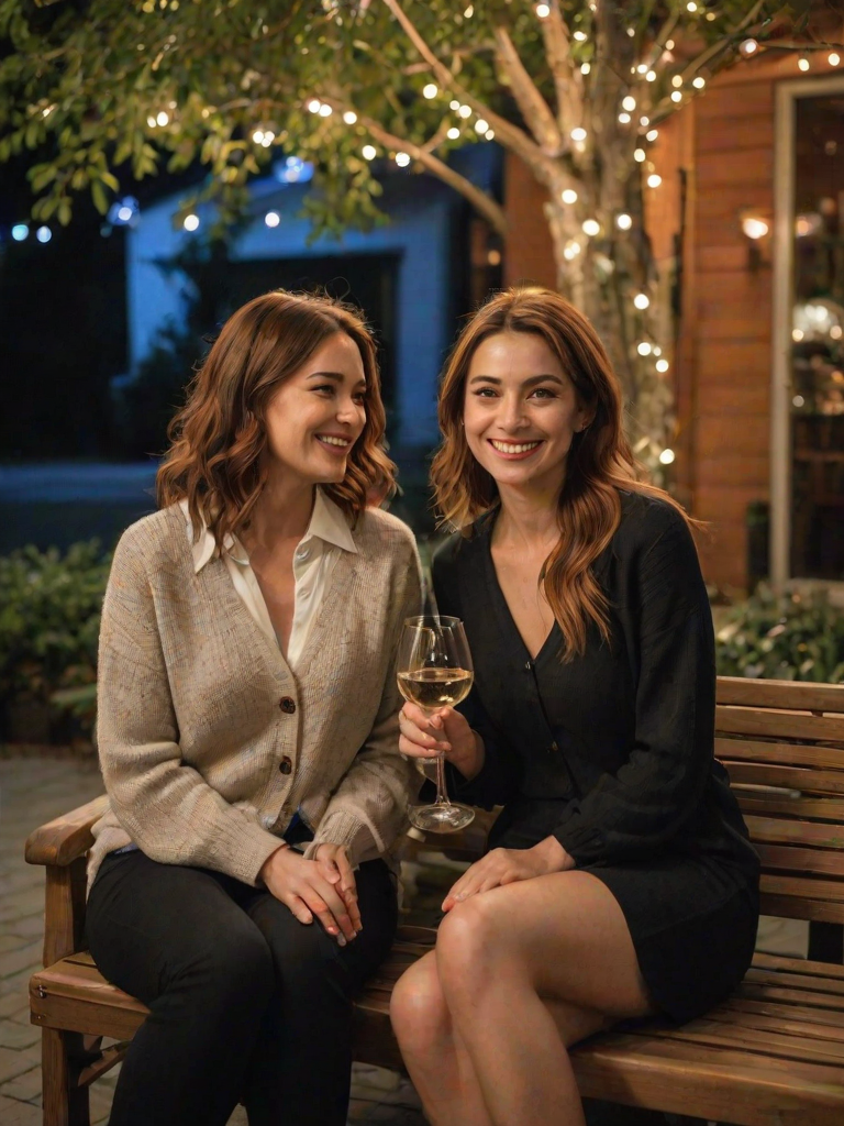 A medium shot photo of two women sitting outdoors at a cozy, warmly lit patio in the evening, with soft, glowing lights wrapped around a tree behind them creating a charming atmosphere. The image is rich in detail, with warm tones and clear textures throughout. The woman on the left has a medium build with tan skin, long dark brown hair falling loosely over her shoulders, and is smiling slightly while holding a glass of white wine near her lips. She is wearing a light, silky button-up shirt paired with dark pants. The woman on the right has fair skin, a slim build, and long reddish-blonde hair, also worn loose. She is smiling warmly at the camera, holding a glass of red wine in her right hand, and wears a soft-textured lavender cardigan over a black top. Both women are seated closely on a striped cushioned bench, with their posture relaxed and comfortable. The background features a large tree with sparkling string lights wrapped around its trunk and branches, adding a magical touch to the scene. The setting suggests a private outdoor seating area, with elements like terracotta-tiled roofing, greenery, and rattan chairs contributing to a serene, inviting vibe. The overall composition is balanced, with the women framed against the softly glowing tree, and the lighting enhances the warm, intimate feel of a quiet evening shared among friends. The details are vivid, with textures of clothing, skin, and background elements clearly visible, while the warm lighting creates a relaxed and joyful mood