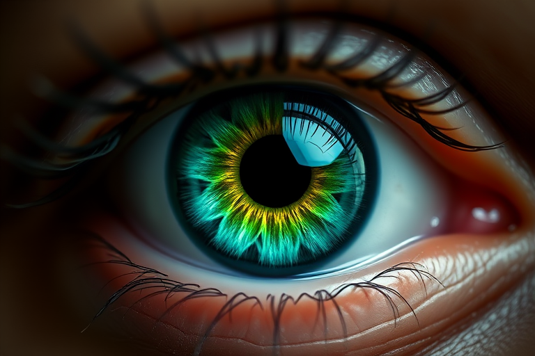 Create a high-resolution image of a stylized green eye with a black pupil, using a 50mm lens, f/2.8 aperture, ISO 100, shallow depth of field, and a soft focus background to enhance the eye's details and colors.