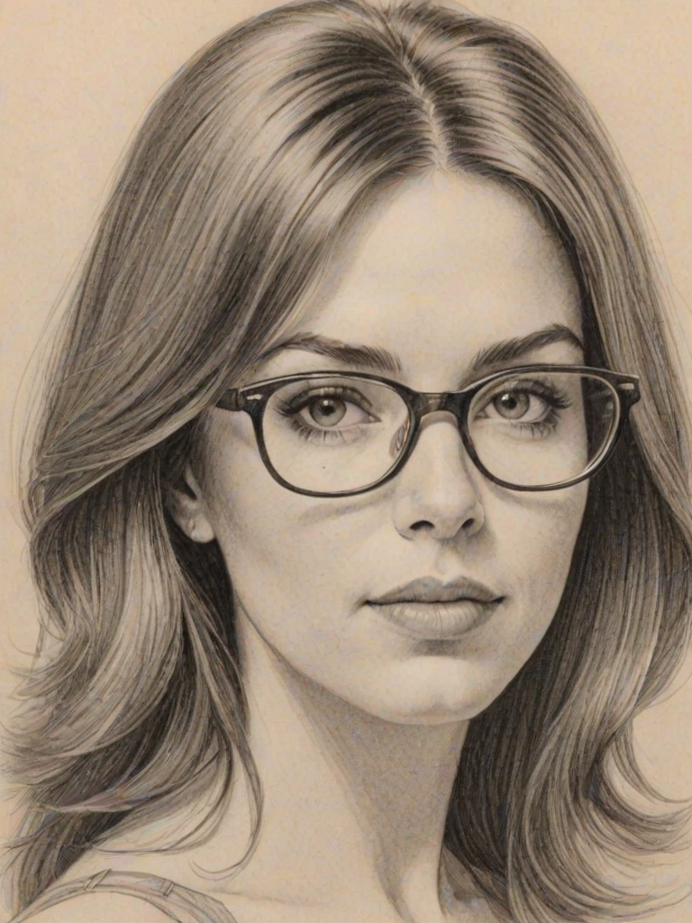 Appealing Amy Pietz, pencil sketch, portrait of Alluring woman 1969s in glasses, hair style beatnik, outline, clear lines, fine lines, 8k