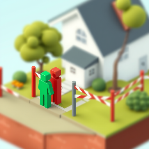 Generate a high-resolution isometric illustration depicting a green and red block figure near a barrier with a house in the background, featuring a soft focus effect with a Canon EOS R5, 50mm lens, f/8 aperture, 1/125s shutter speed, and ISO 100 for optimal clarity and depth.