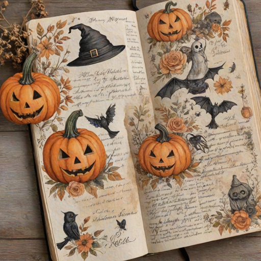 Design a detailed watercolor, vintage-inspired Halloween-themed imagery for a cottagecore junk journal. The design features a spooky yet shabby chic aesthetic with handwritten elements in faded ink, showing slight wear. Include pumpkins, cute ghosts, and adorable skulls alongside autumn florals, all rendered in soft pastel colors like pale orange, cream, and black for accents. The imagery has a slight worn or parchment texture, creating a nostalgic feel. The high-resolution image has no blur, contrast, or grainy textures, and is filled with intricate details in 8k definition.