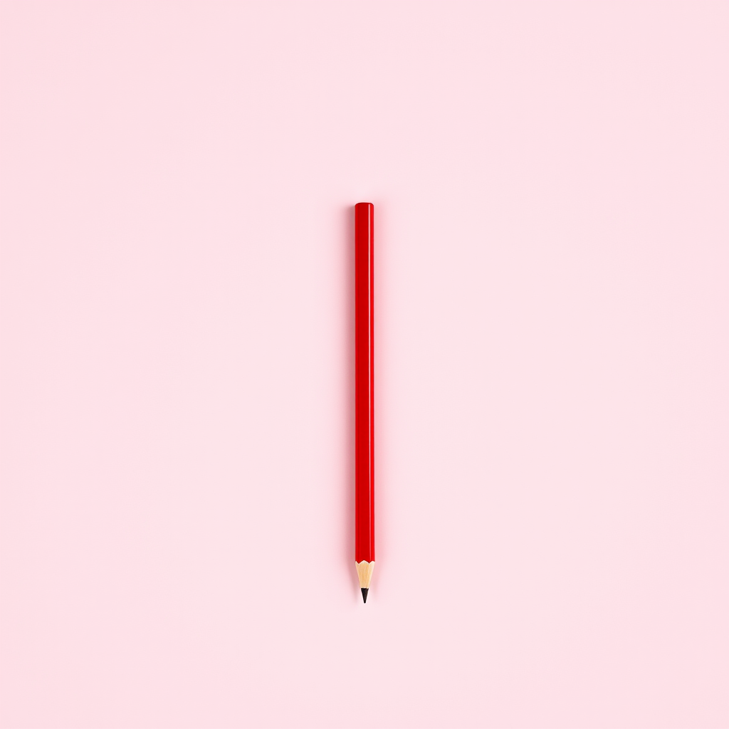 red pencil on a solid pink background, camera settings: aperture f/2.8, ISO 100, shutter speed 1/250s, camera view: straight-on, camera style: minimalist, camera type: DSLR