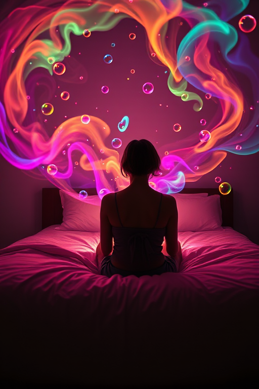 Generate an ethereal scene of a person sitting on a bed with vibrant colorful swirls and bubbles emanating from them, captured with a DSLR camera at f/1.8 aperture, ISO 100, 50mm lens, in a low light setting to enhance contrast and saturation, shot from a slightly elevated angle for a dramatic effect.