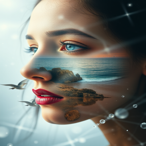 this photo is Book cover, A surreal double exposure portrait that blends a woman's face with a beautiful seascape. The overall mood is dreamy and mystical, with rich colors and intricate details