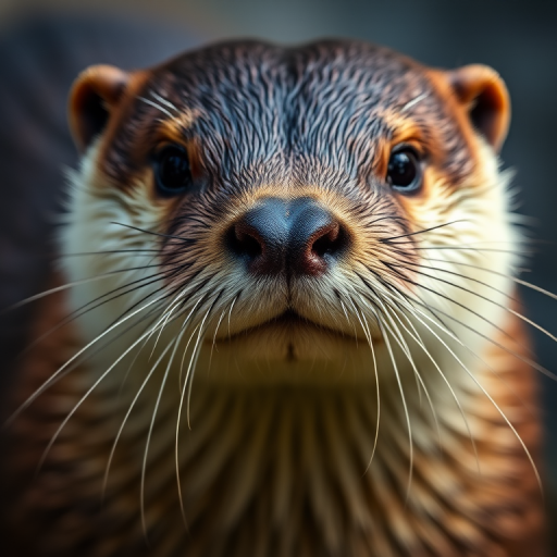 close-up shot of an otter with detailed focus on its facial features, using a Canon EOS 5D Mark IV, f/2.8 aperture, 1/100s shutter speed, ISO 400, natural light, shallow depth of field, emphasizing texture and expression