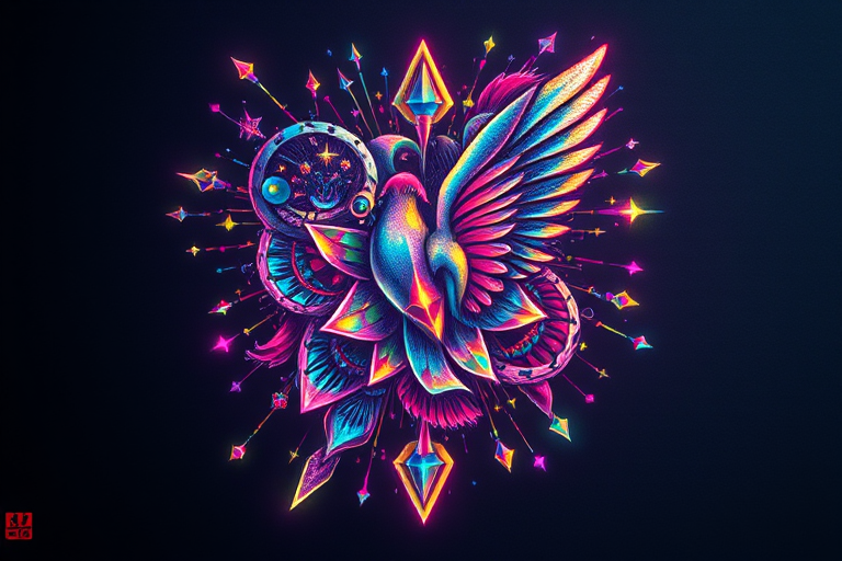 Holographic "Iridescent Illusion" tattoo illustration featuring shimmering prismatic effects and color-shifting elements that appear to change and move with the light creating a mesmerizing and futuristic appearance
